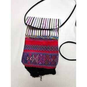 Woven Ethnic Crossbody Bag With Multicolor Stripes & Fringes